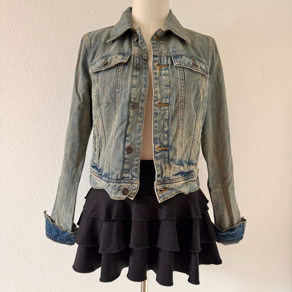 Free People Denim Jean Trucker Button Up Jacket Distressed Boho Western Size 2 - Picture 4 of 7
